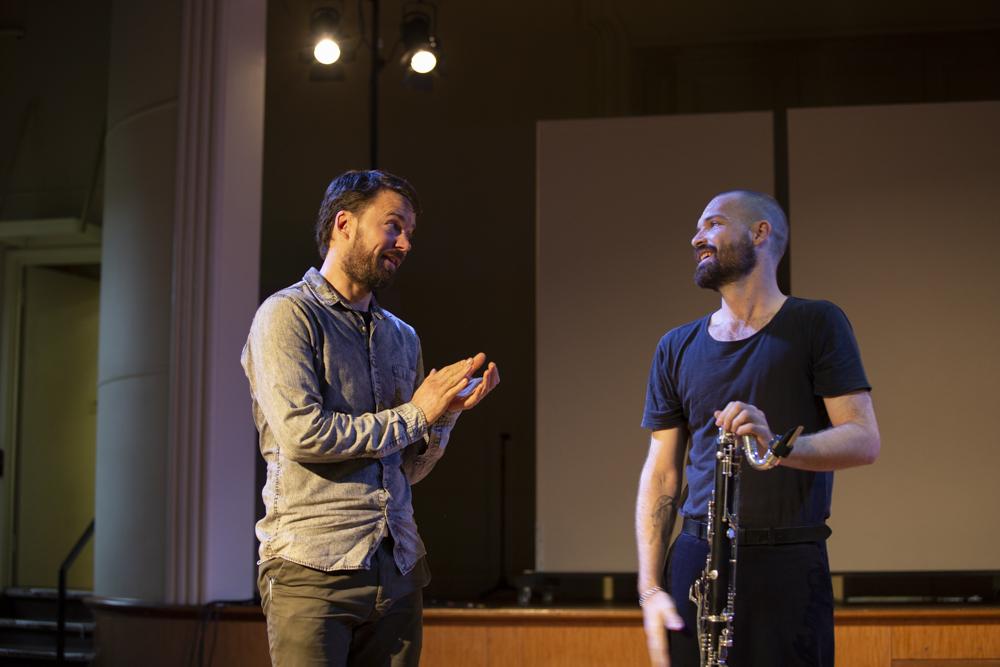 Jarrad Linke and Alex Pozniak on stage after the performance of their ANAM Set collaboration Unlocked