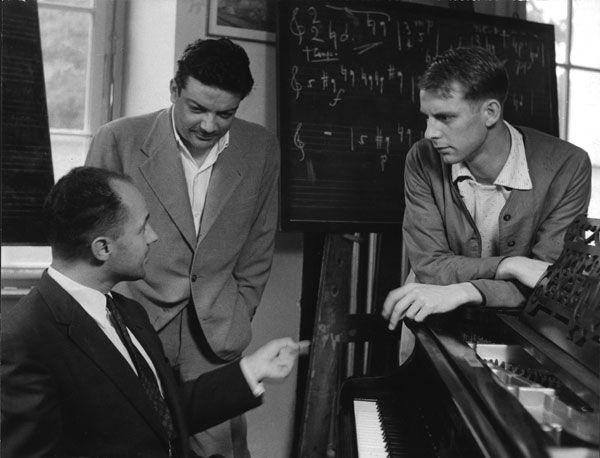 Pierre Boulez (seated), Bruno Maderna and Karlheinz Stockhausen, Darmstadt 1955