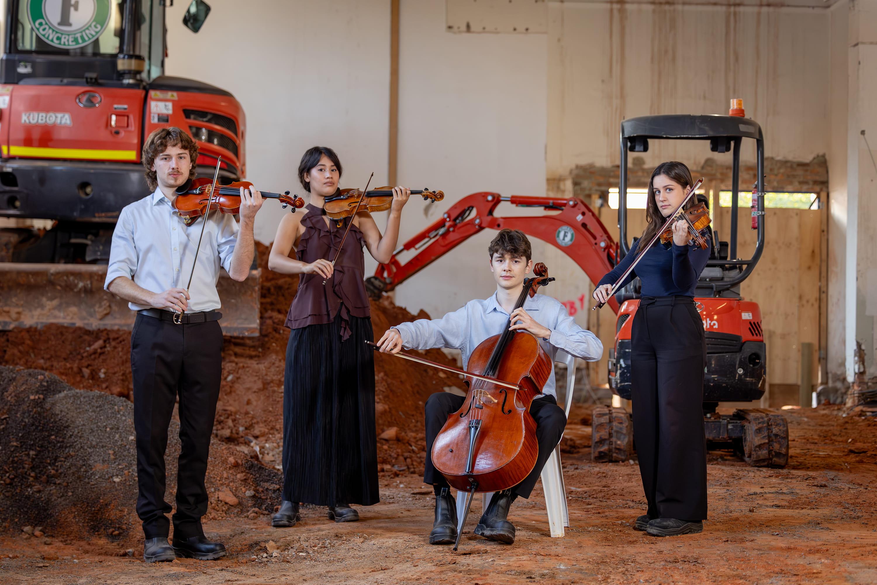 Pictured from left to right: ANAM musicians Jonah Spriggs (violin, NSW), Hannah Tyrrell (violin, VIC), James Monro (cello, SA) and Mattea Osenk (viola, SA). Photo by Ruby Alexander